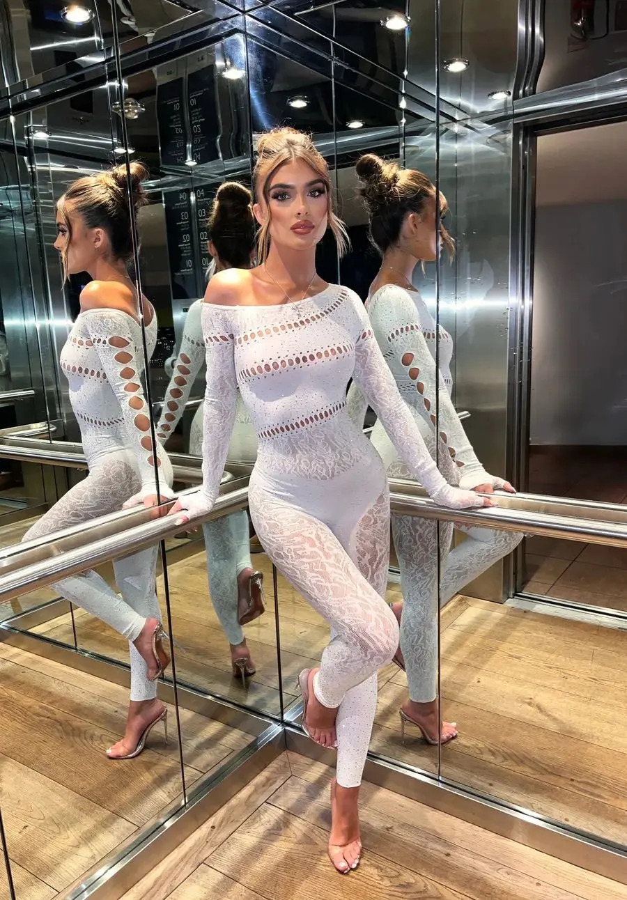 Off Shoulder Long Sleeve Jumpsuit for Women Hollow Out Slim Bodycon Rompers Fashion Streetwear Nightclub Party Overalls 250227