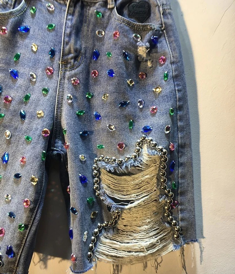 Diamond Beaded Denim Knee Length pants Woman Summer Loose High Waist Slimming mid-pants Jeans women 250227