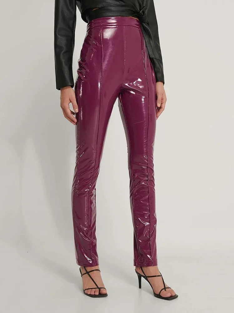 Women Shiny Patent Leather Pencil Pants High Waist Faux Latex Stretch Trousers Ladies Vintage Slim PU Leggings Clubwear Custom 250226
