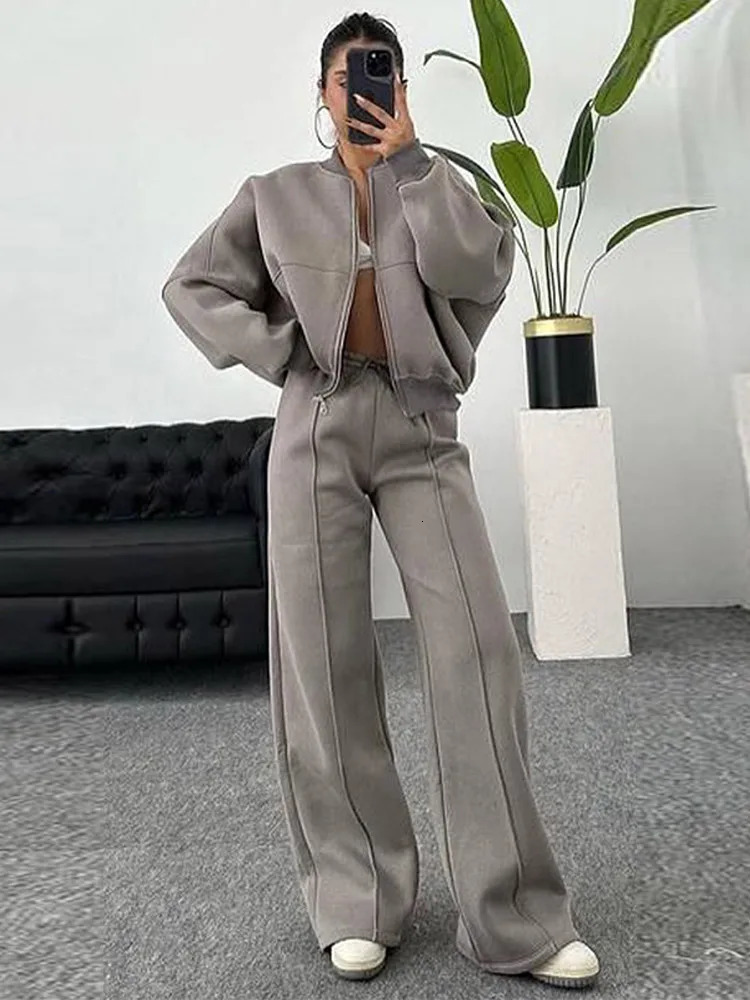 Women Sweatsuit Set Vintage Oneck Zipper Bomber Jackets High Waist Loose Pants Suit Female Spring Fashion Lady Sportswear 250226