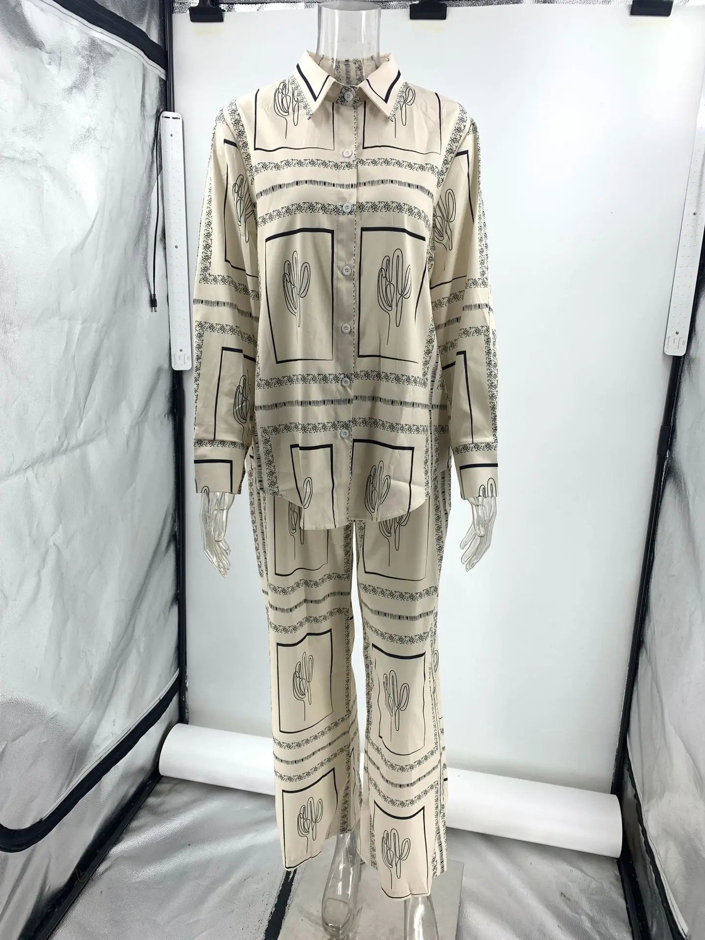 Printed Shirts Two Piece Set Women Long Sleeve Lapel High Waist Wide Leg Pants Suit For Home Wear Outfits Clothing 250226