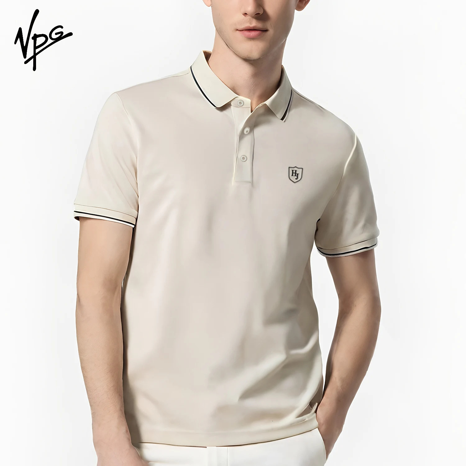 VPG Mens Cream Polo Shirt Short Sleeve Collared with Navy Blue Trim Casual Style 250227