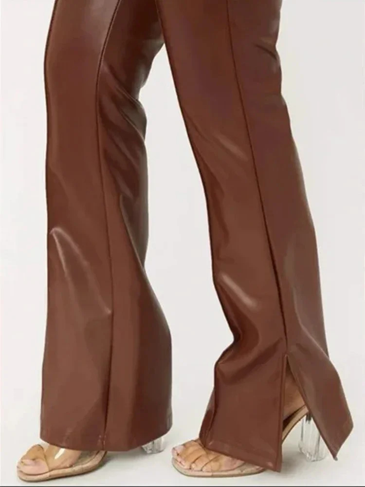 Vintage Matte Leather Trousers Women High Waist Brown Stretch PU Slim Pants Hem Side Split Ladies Bodycon Leggings Custom 250226