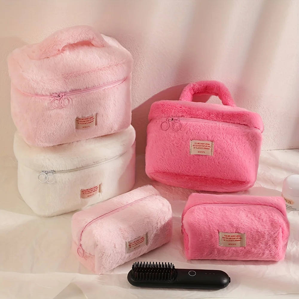 Ship from US Sweet Solid Color Plush Zipper Makeup Bag Lightweight Versatile Cosmetic Organizer With Handle 250227FBB
