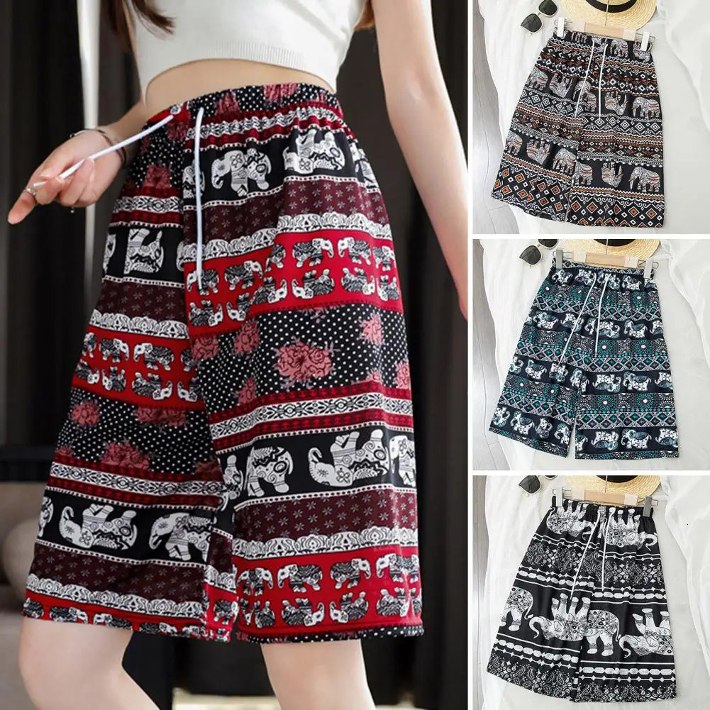 Women Summer Shorts Thailand Elephant Print Drawstring Loose Vacation Beach Travel Knee Length Shorts Homewear Pajamas Shorts 250227
