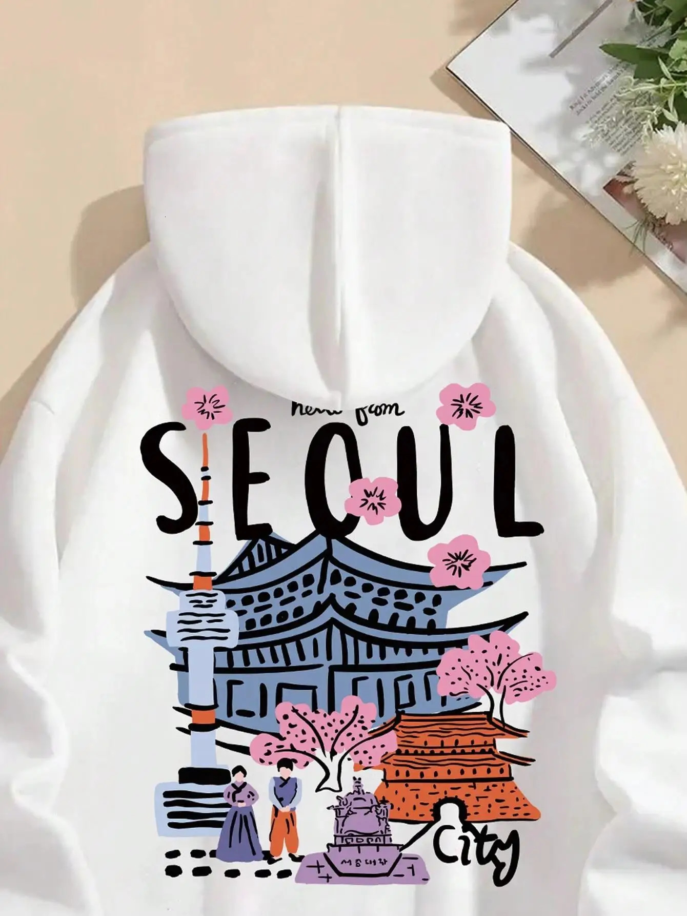 Seoul Beautiful Scenery Printing Womens Hooded Warm Fleece Comfortable Hoodies Simple Soft Hoodie Street Casual Loose Pullover 250227