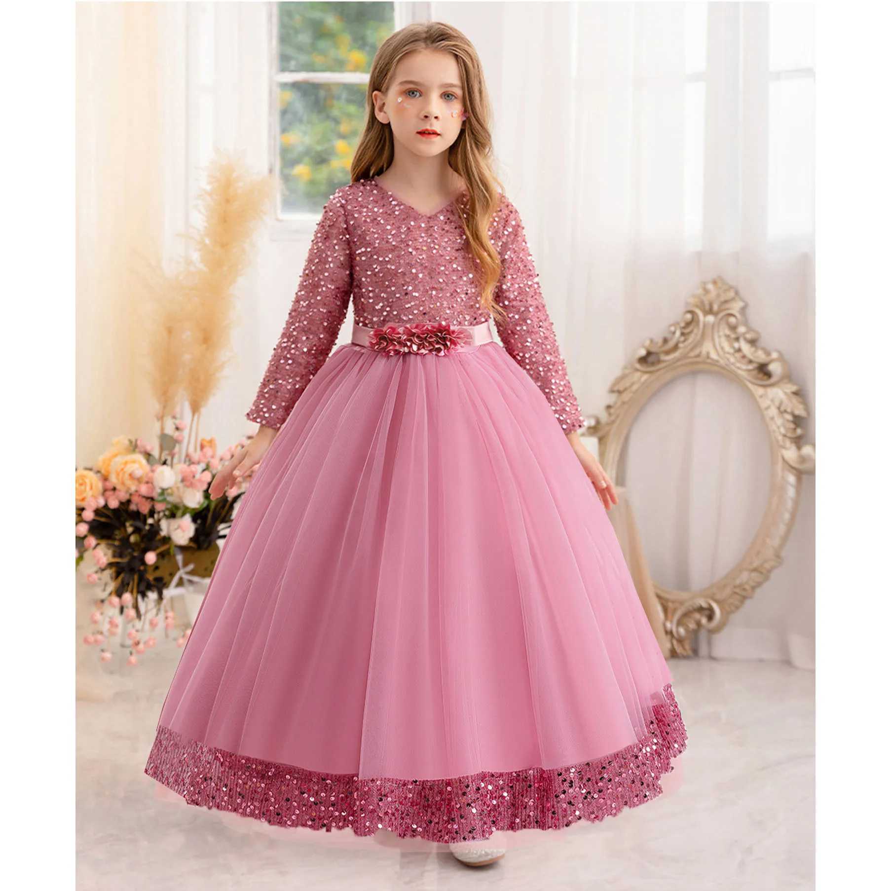 Girl's Dresses Little Big Girls Winter Long Sleeves Sequined Flower Girl Birthday Party Pageant Holiday Long Dress 23822 Y250227A048