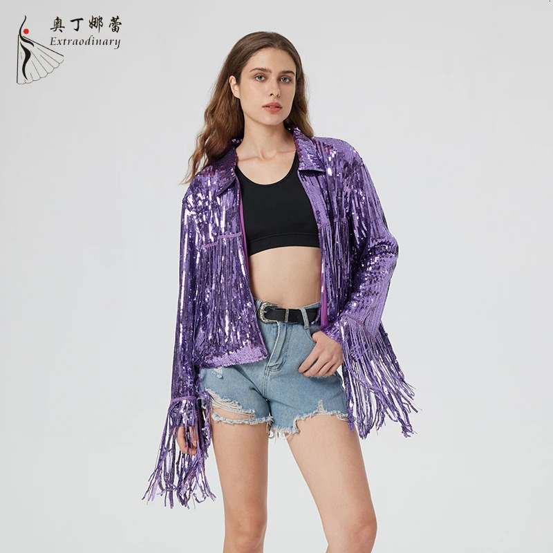 Distinctive Womens Sequin Suit Jacket Tassels Informal Occasion Purple Coat 250227