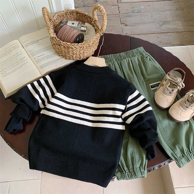 Pullover Linlin Mommy 2025 Spring and Autumn collection boys fashion boys baby handsome contrasting color striped knitted cardigan autumn and winterY2