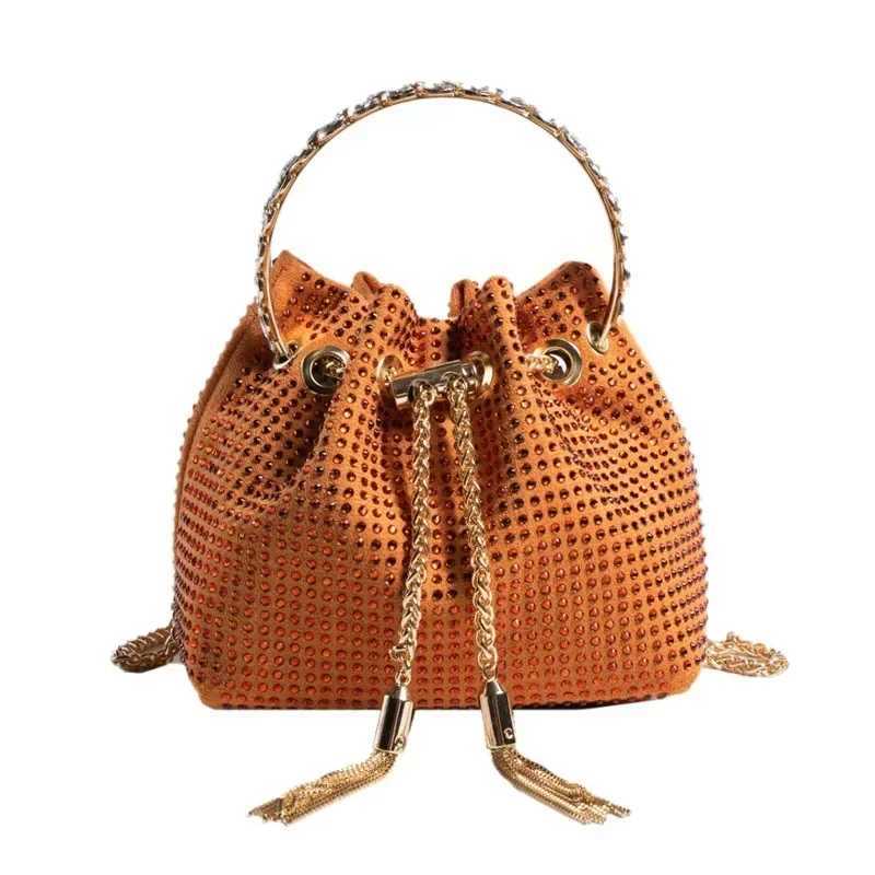 New Arrival Diamonds Tassel Evening CluTCh Bag Women Designer Chain Metal Ring Handle Shiny Crystal Bucket Purse Bridal Wedding Party T250227