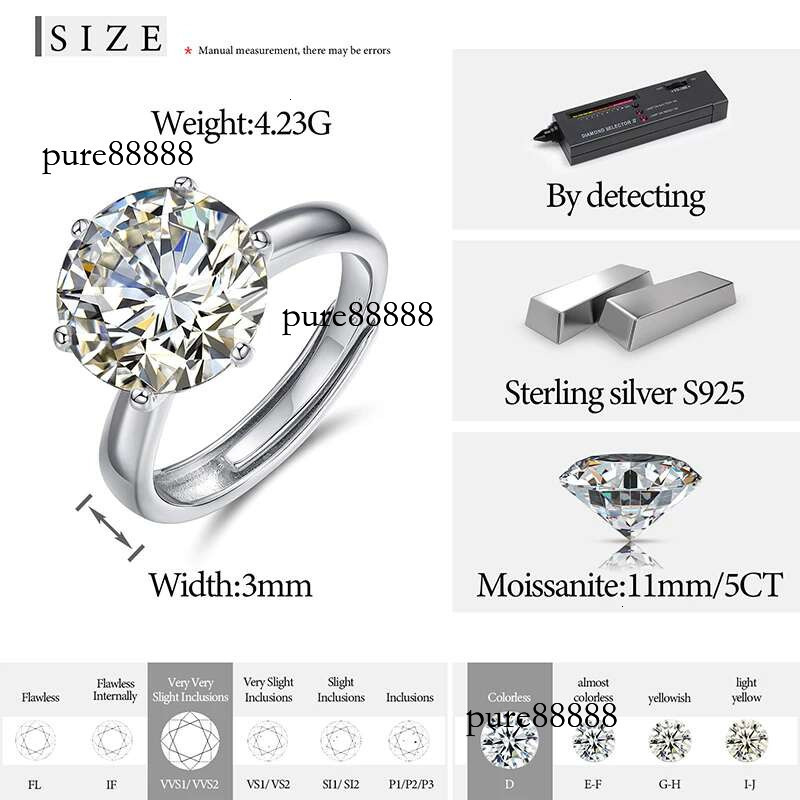 0.5-5ct Sterg Sier Classic Style Dia Jewelry Moissanite Wedding Party Anniversary Adjustable Size Ring