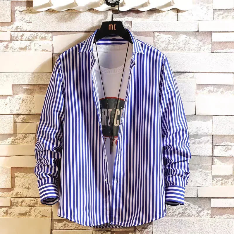 Fashion Long Sleeves Shirts Man Mens Clothing Check Shirt Korean Reviews Clothes Stripe Pattern High Quality 250224