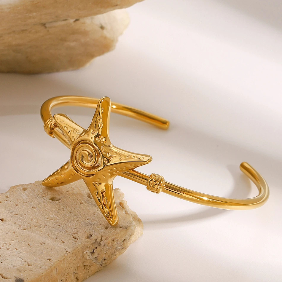 Youthway Gold Plated Stainless Steel Starfish Thread Hammer Pattern Open Bracelet Bangle For Women Bohemia Trendy Jewelry Gift 250227