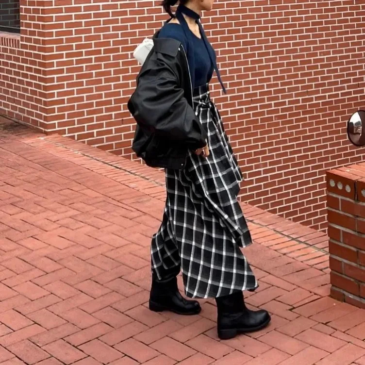Vinage Black Plaid Skirts Y2k E- High Waist Lace Uo Skirt for Women 2025 Irregular All-match Faldas Mujer 250226