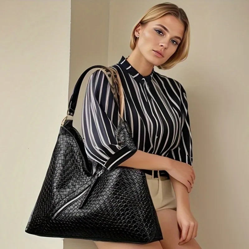 Ship from US Woven Pattern Tote Bag Womens Classic Geometric Shoulder With Multiple Pockets PU Leather Hobo Purse Perfect For 250227FBB