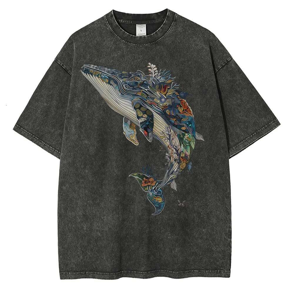 Men's Whale Printed Pattern T-shirt Casual High Street Printed Designer T-shirt Oversized T-shirt Outdated Washed Cotton Versatile Fashion Men�