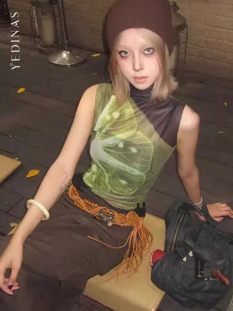 Yedinas Sheer Mesh Tank Tops Patchwork Sleeveless Tshirts Korean Fashion Summer Tops Gothic Tank 90s Chic Streetwear 250226