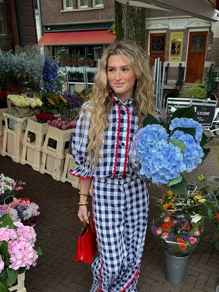 Casual Women Plaid 2 Piece Sets Fashion Lapel Single Breasted Half Sleeve Lace Pleated Pants Suits Spring Female Street Outfits 250226