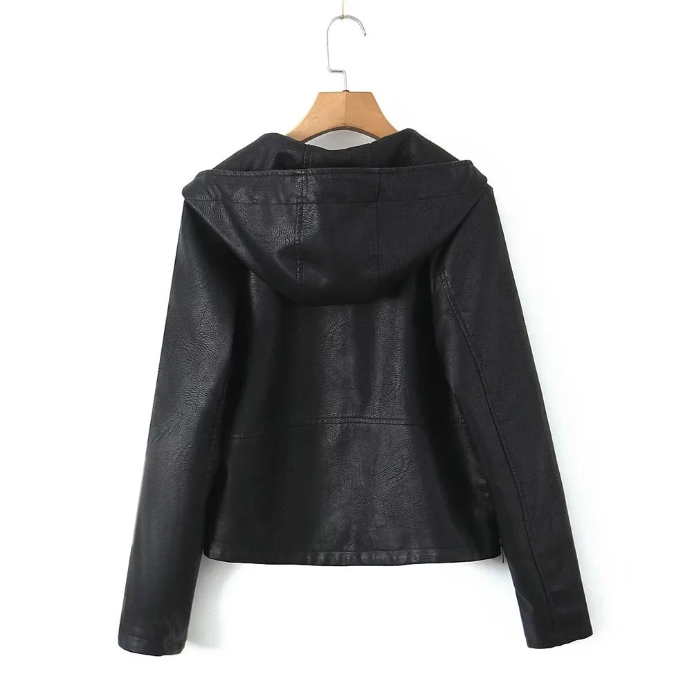 Autumn womens fashion casual Joker temperament commuting slim zipper hooded leather jacket 250227