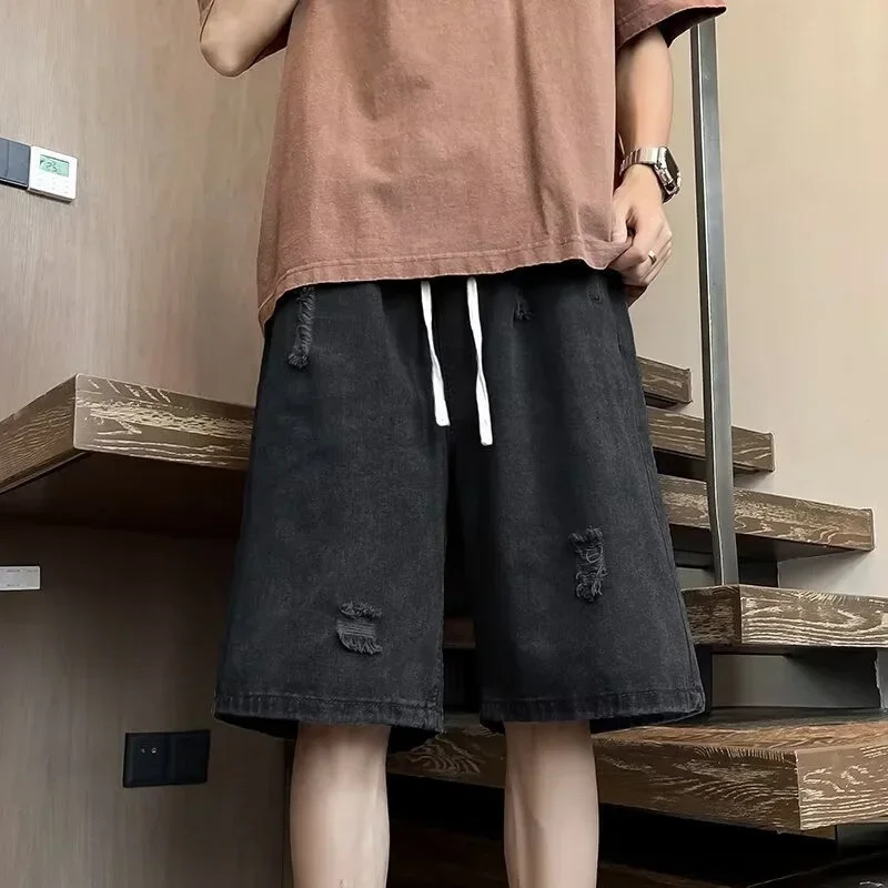 Summer Baggy Ripped Jorts For Men Y2K Streetwear Denim Shorts Retro Casual Pants Wide Leg Straight Blue Bermuda Jean 250226