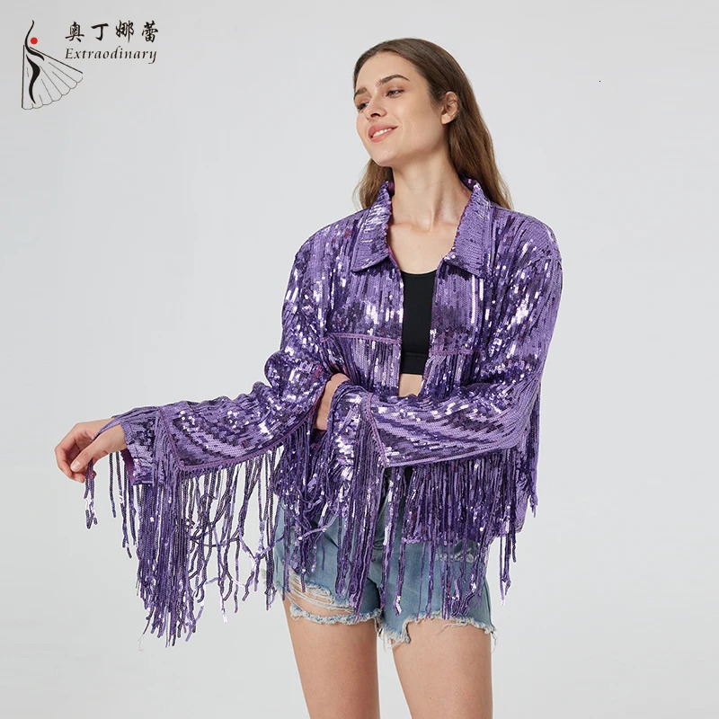 Distinctive Womens Sequin Suit Jacket Tassels Informal Occasion Purple Coat 250227