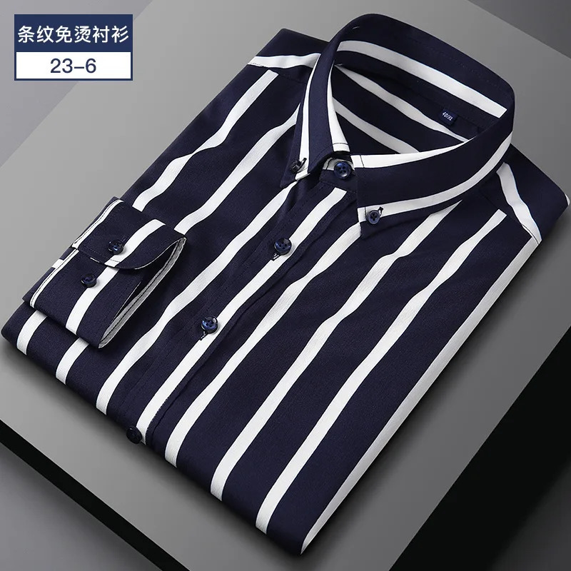 Mens long sleeve shirt spring and summer plaid stripes free ironing business casual slim solid color thin model 250226
