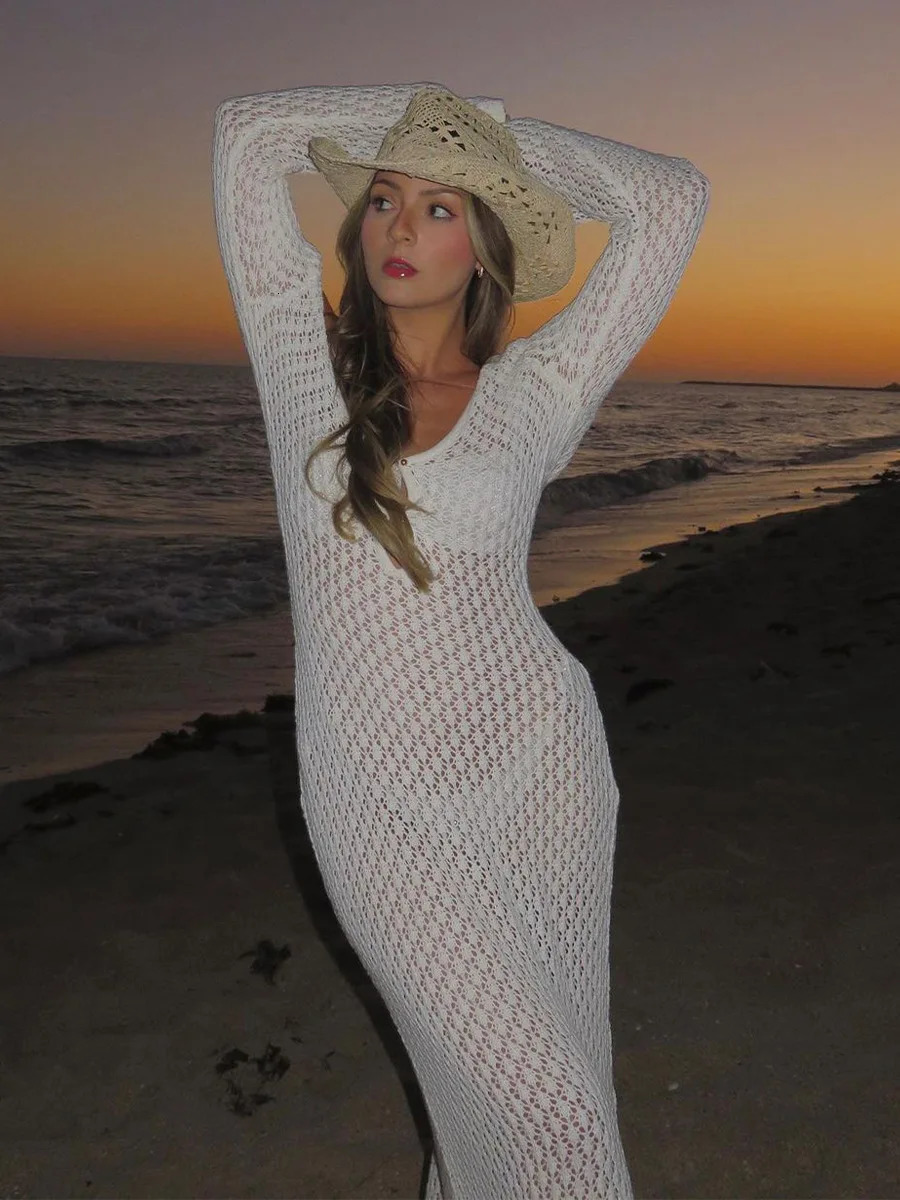 Sexy Women White Long Knit Sleeve Bikin Fashion Cover up Female See-Through Deep V-Neck Hollow-Out Beach Knitwear Backless Dress 250226