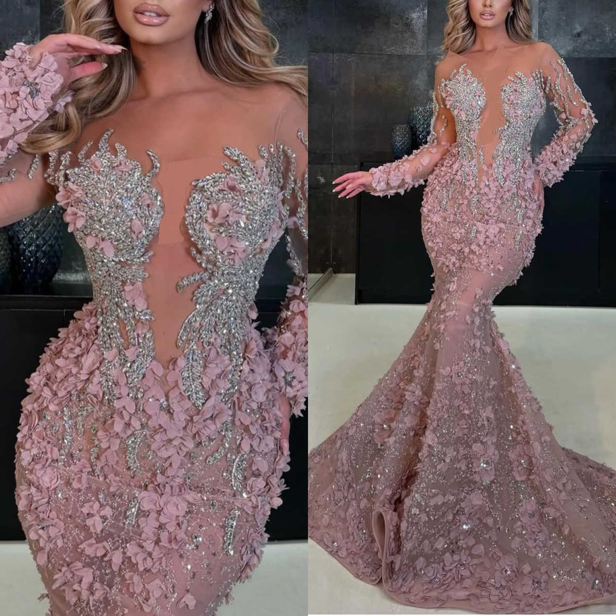 Saudi Arabia Mermaid Prom Dresses 3D Flowers Appliques Long Sleeve Special Occasion Dress Crystal Beads Evening Gowns Customized