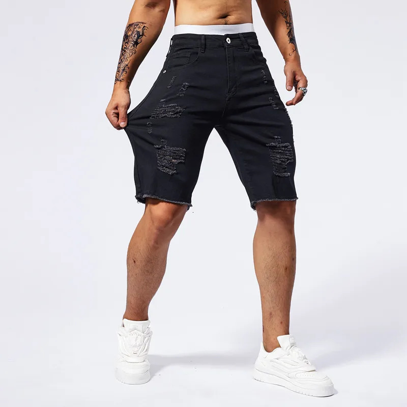 2025 Summer Mens Ripped Denim Shorts Fashion Vintage Hole Streetwear Stretch Slim Knee-length Short Pants Trendy Male 250226
