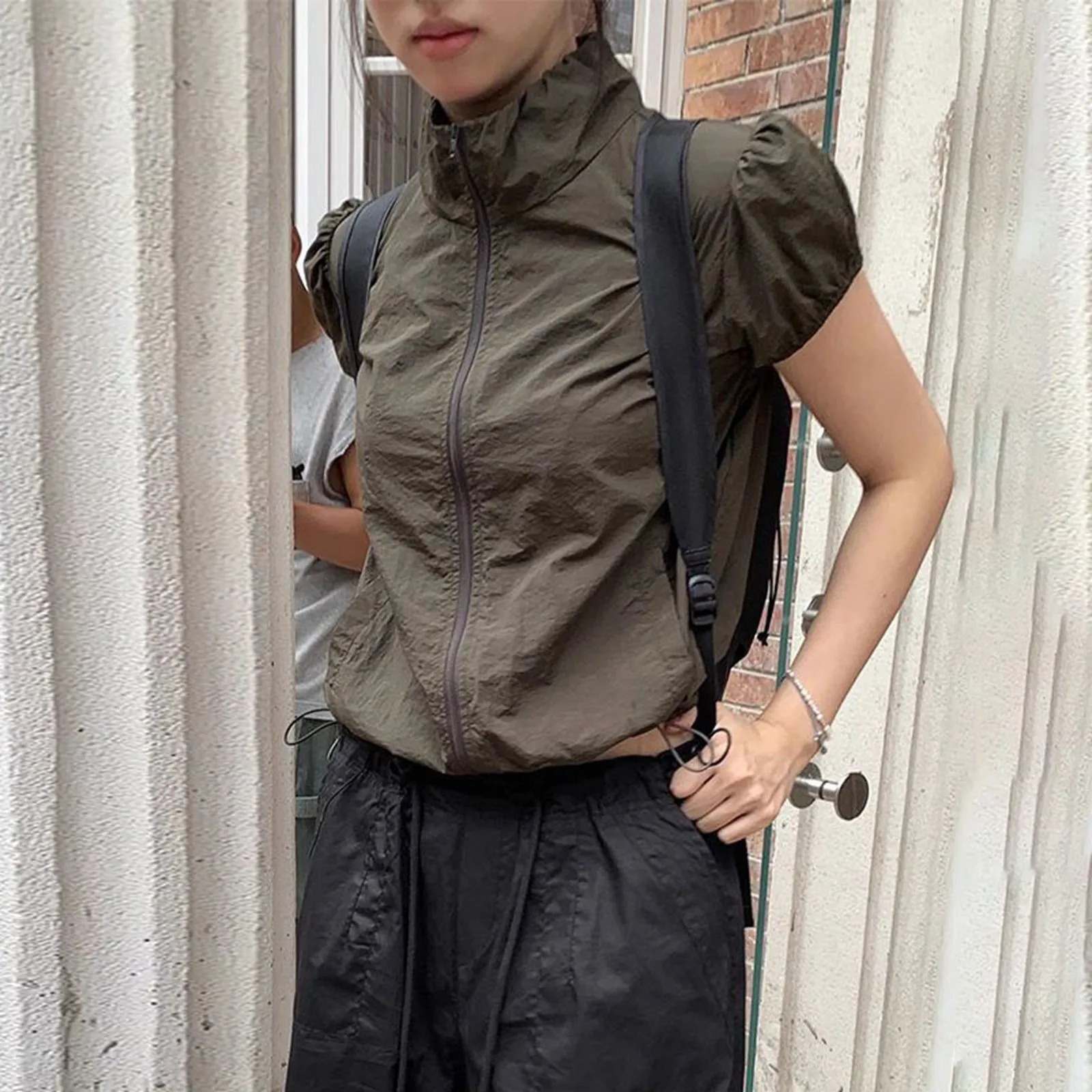 Womens Clothing Sales Street Retro Top Camping Style Thin Zipper Stand Up Neck Short Sleeve Sun T Shirt Instagram Y2k 250226