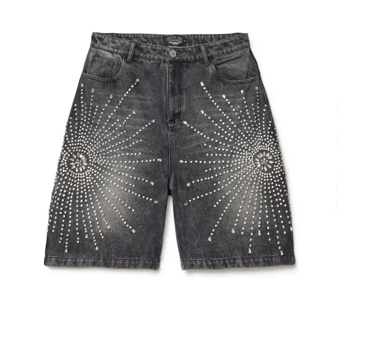 Shorts jeans straight version light color summer daily simple diamond n loose wide leg niche versatile five-quarter pants 250226