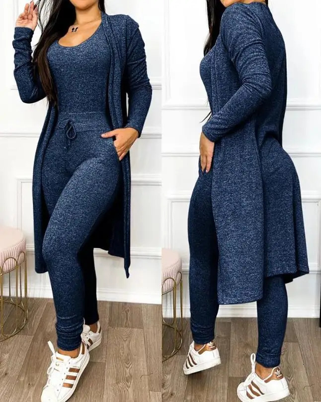 Autumn Womens Drawstring Pocket Jumpsuit Coat Set Temperament Commuting Women Fashion Suit Sets Two Piece Outfits 250224