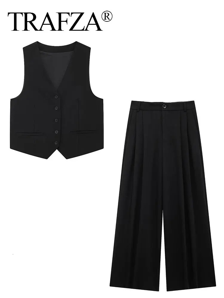 TRAFZA Women Solid Pant Sets Adjustable Back Strap Single Breasted VNeck Vest High Waist Trousers Fashion Street Outfit 250226