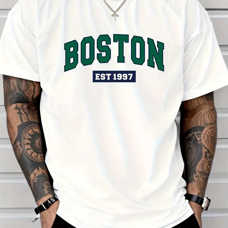 Boston EST1997 Retro Printed Mens Cotton Tshirt Fashion Casual Loose Summer Couple Short Sleeve Large Size 250225