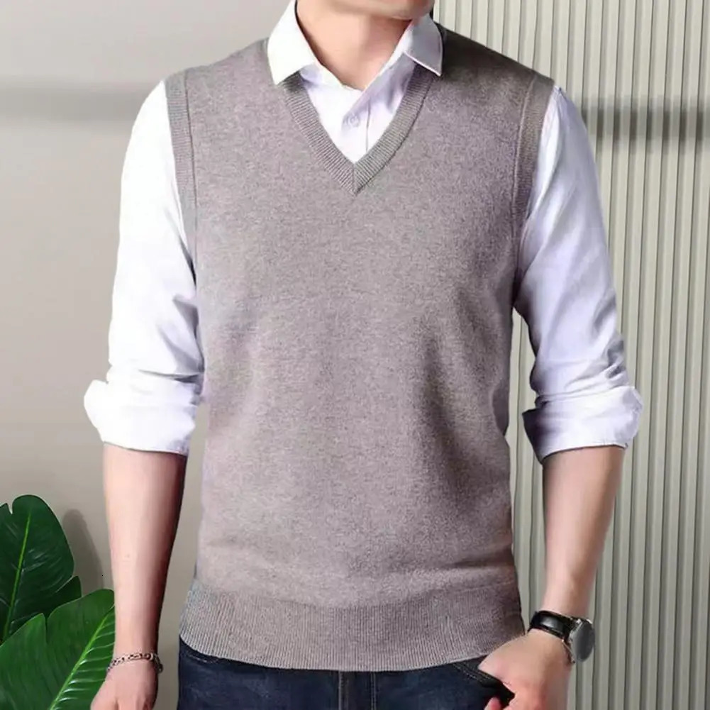 Knitted Vest Casual Versatile Midaged Mens Vneck Sweater Slim Fit Sleeveless Pullover with Ribbed 250225