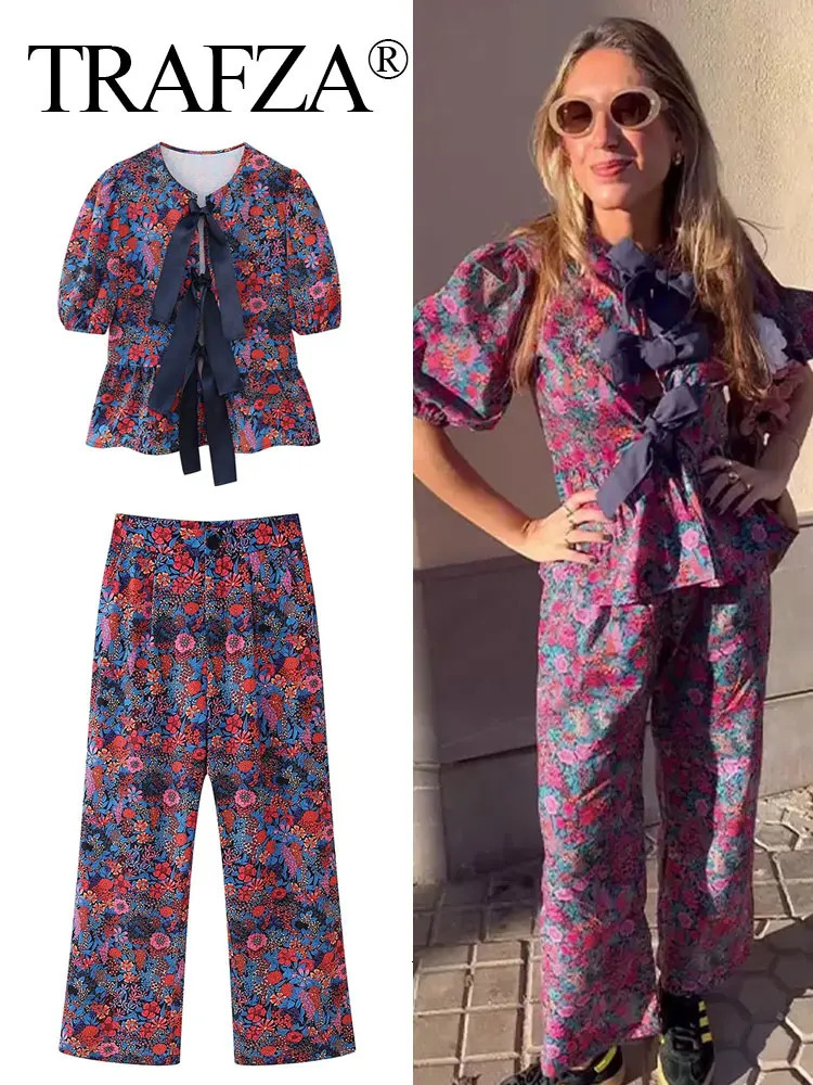 TRAFZA Floral Print Blouse Pant Suit For Women Bow Lace Up O Neck Shirts Casual High Waist Straight Trousers Female Streetwear 250226