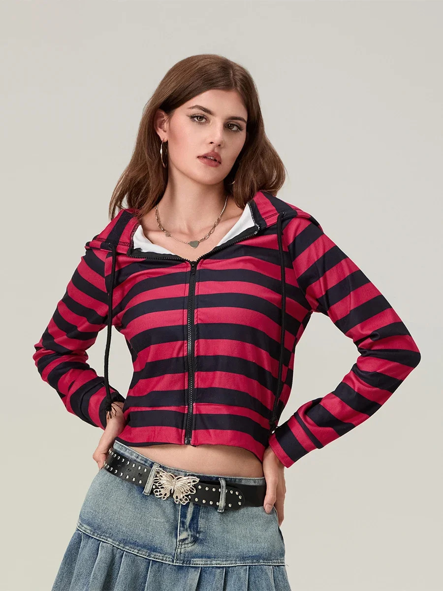 Womens Gothic Striped Print Zip Up Hoodie Contrast Color Raglan Long Sleeve Fall Sweatshirt Jacket Crop Top y2k Streetwear 250226