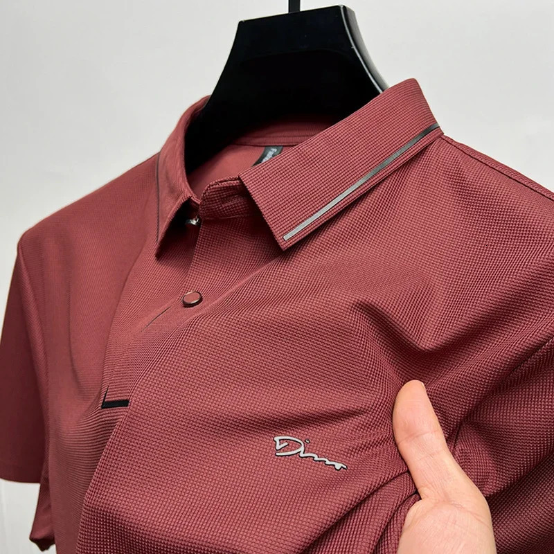 Summer Quality Mens Polo Shirt Lapel Print T-shirt Ice Silk Short Sleeve No Trace Casual Split Breathable Mens Wear Top 250225