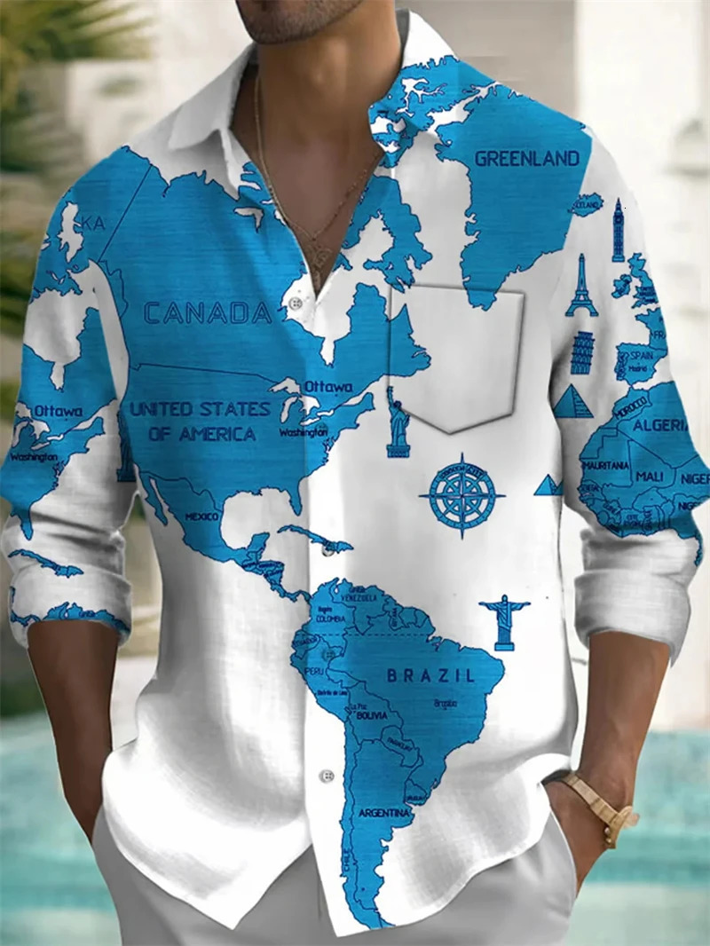 Fashion Earth Map Graphic Shirt Mens Street Style Casual Neutral Retro 3D World Printed Long Sleeve ner Clothing 250226