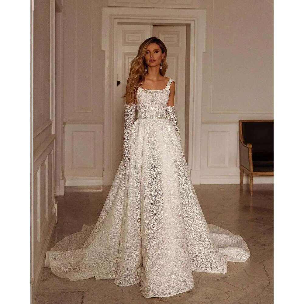 A Ha Wedding Dresses With Lace Of Res, Backless Sleeveless, Detachable Train, Classic Bridal Dress, Adorable, Square, Custom Made