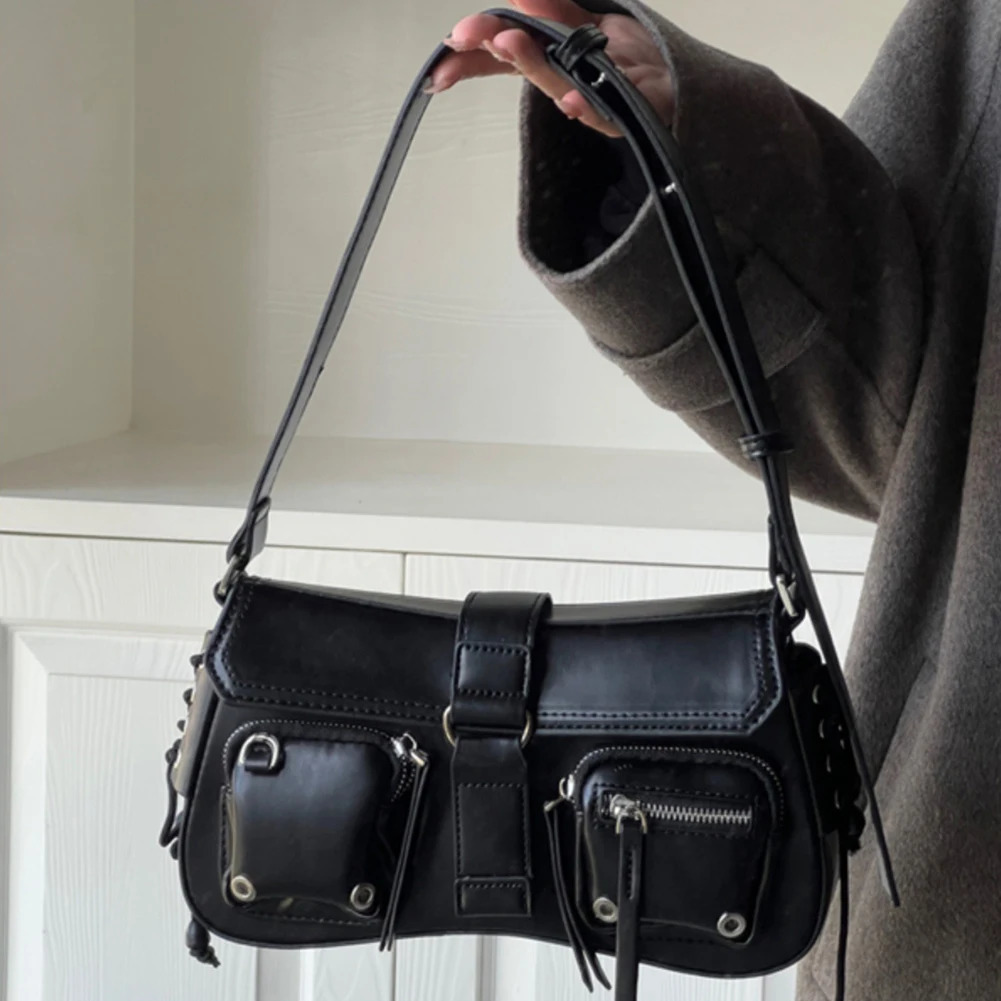 Ship from US Y2K Korean Women Harajuku Vintage Gothic Black Handbag Aesthetic Elegant Punk Wallet Purse Handbags Shoulder PU Trend Tote Bags 250227FBB