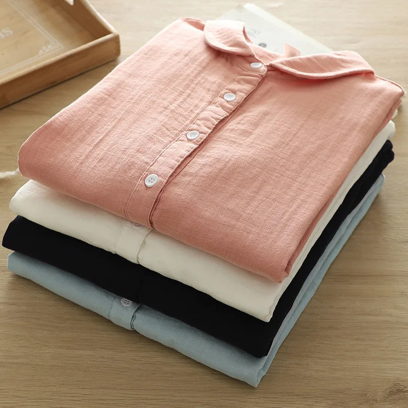 Autumn Double-layer Cotton Yarn Solid Shirt Women Japan Style Loose Long Sleeve Top Office Lady Work Wear Tops 250226