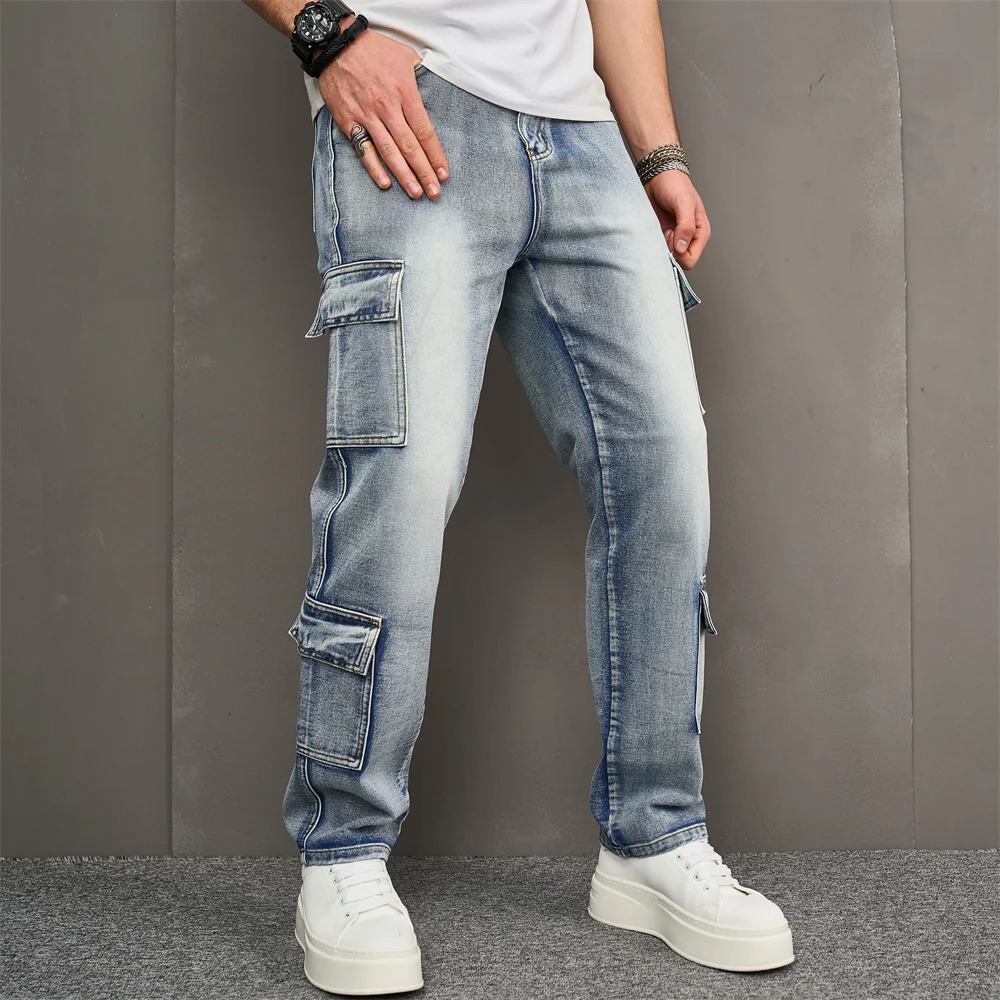 Fashionable retro multi pocket mens cargo jeans mens Trouser high-quality loose solid casual jeans 250226