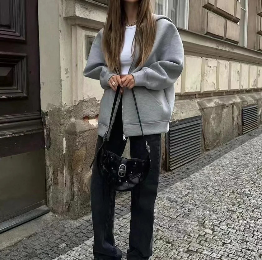 Spring and Autumn Casual Street Loose Oversize Hooded Zipper Hoodie Space Cotton Jacket Coat Lazy Womens Cardigan 250227