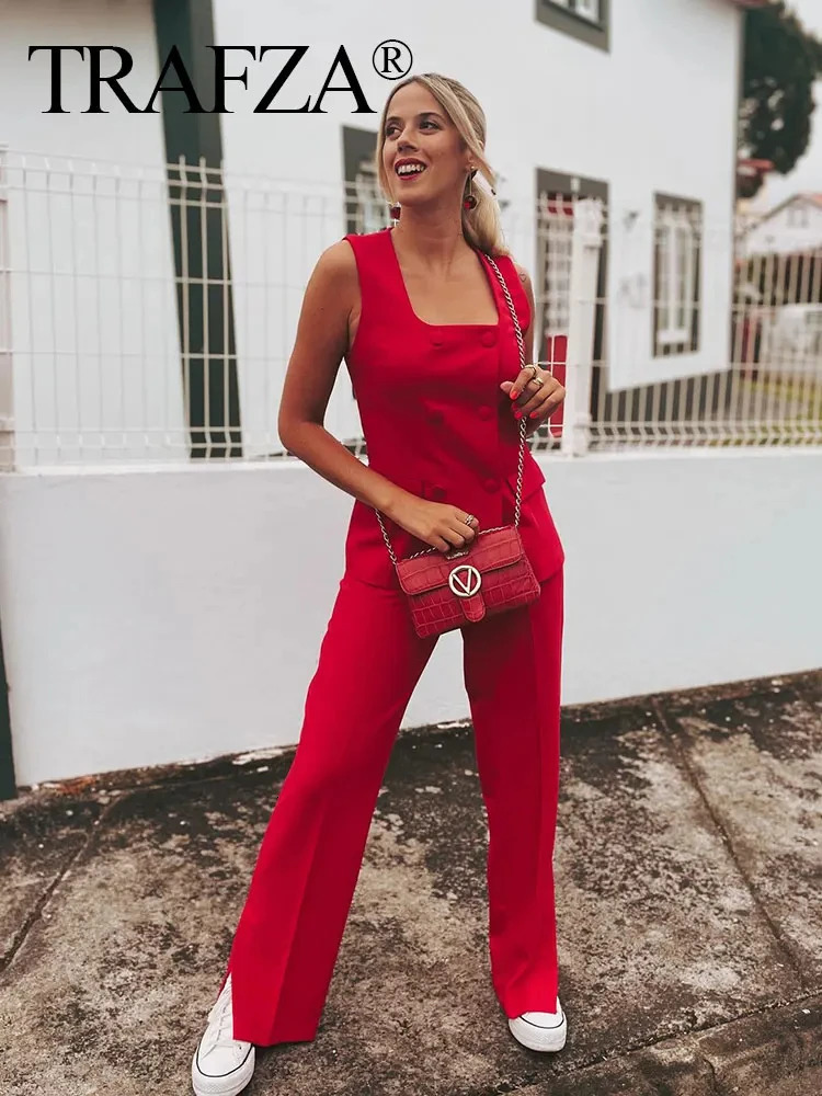 TRAFZA Womens Solid 2 Piece Sets Square Collar Double Breasted Vest Top Commute Wide Leg Long Pants Wild Trousers Outfit 250226