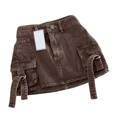 Streetwear Vintage Brown Denim Skirt Sexy Girl Low Waist Mini Harajuku Gothic Multi Pockets Hip Womens Clothing 250226