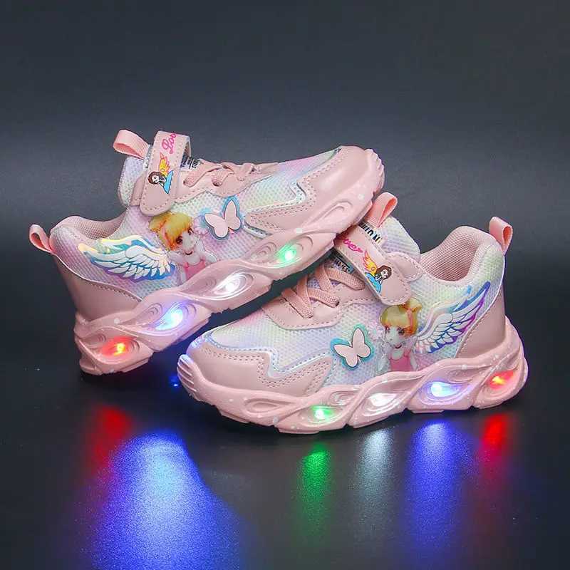 Outdoor Light Up Sport Shoes Luminous Sneakers Cartoon Princess Baby Girls Casual Shoes Children Walking Running Shoes With Lights S25226