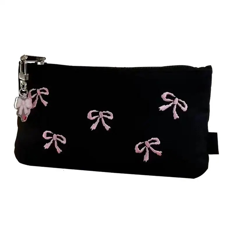 Ship from US Canvas Cute Bow Embroidered Bag Bowknot Pencil Case Cosmetics Lovely Pencilcase Large Capacity School Supplie 250227FBB