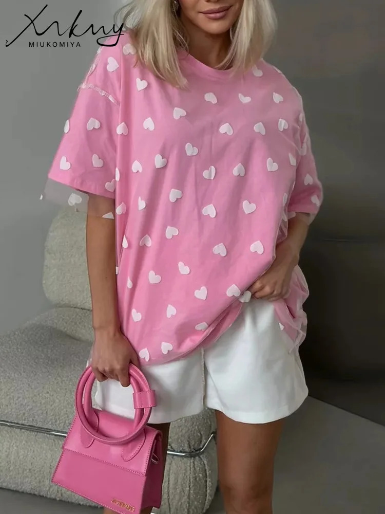 Summer Oversized Mesh T Shirt Women Short Sleeve Red Heart Tulle Top Tees Casual Loose Cotton Chic Two Piece T-Shirt For Women 250226