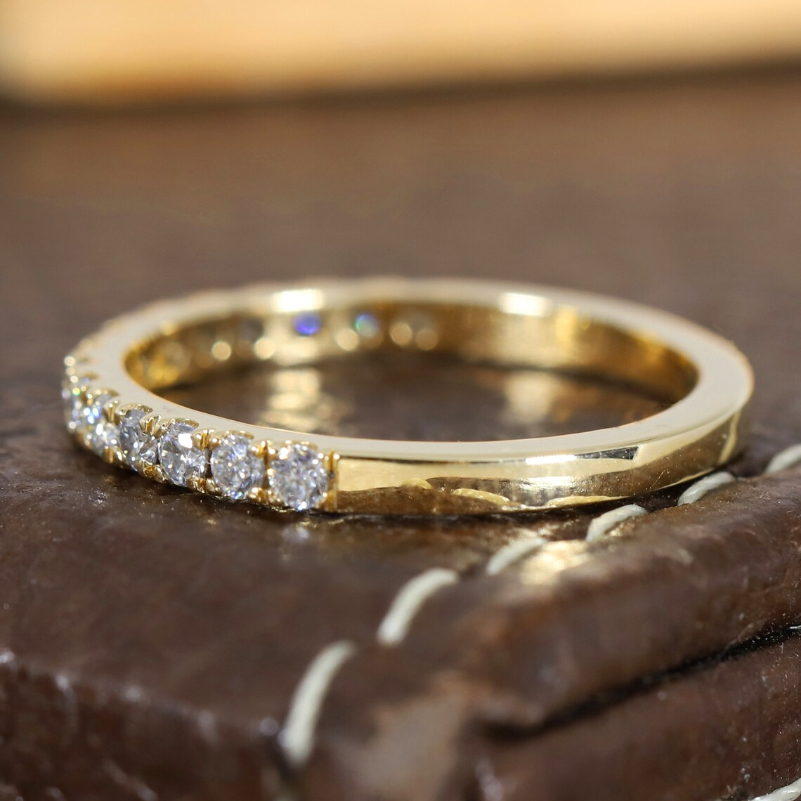 14k yellow gold classical lab diaond half pave eternity match ring solid gold hpht cvd diamond wedding band ring for women real gold fine jewelry